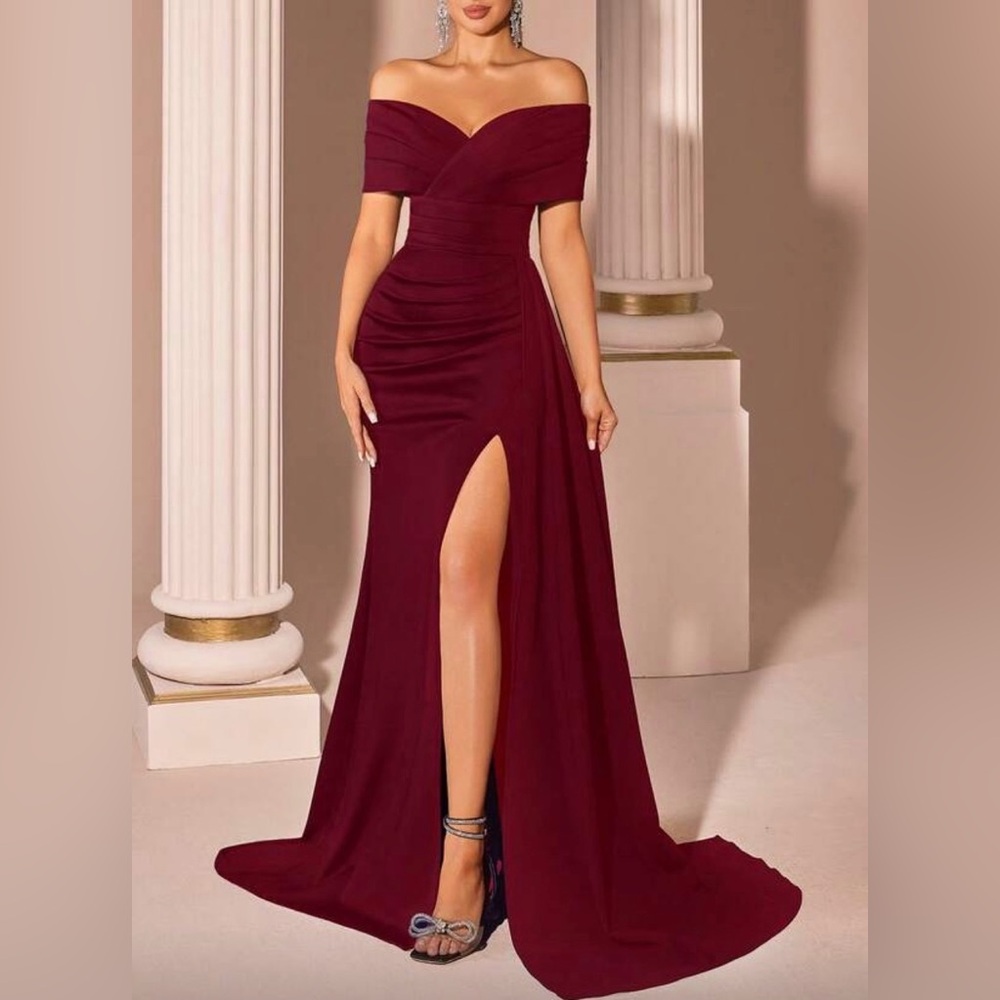 Elegant Off-Shoulder Burgundy Evening Gown